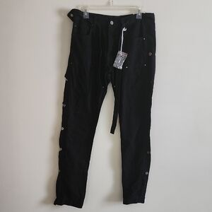 MNML Black Tie Belt Utility Jeans Pant Zipper Ankle Snap Up Sides Goth Punk Rock